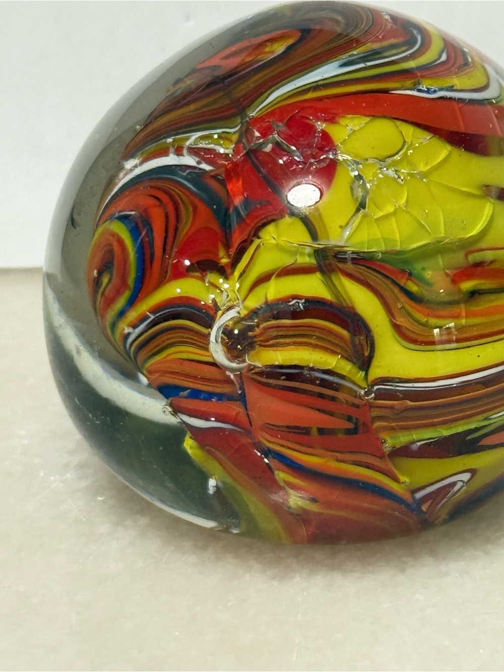 Vintage Decorative Glass Orange Yellow Blue Red Swirl Round Paperweight 2.25"